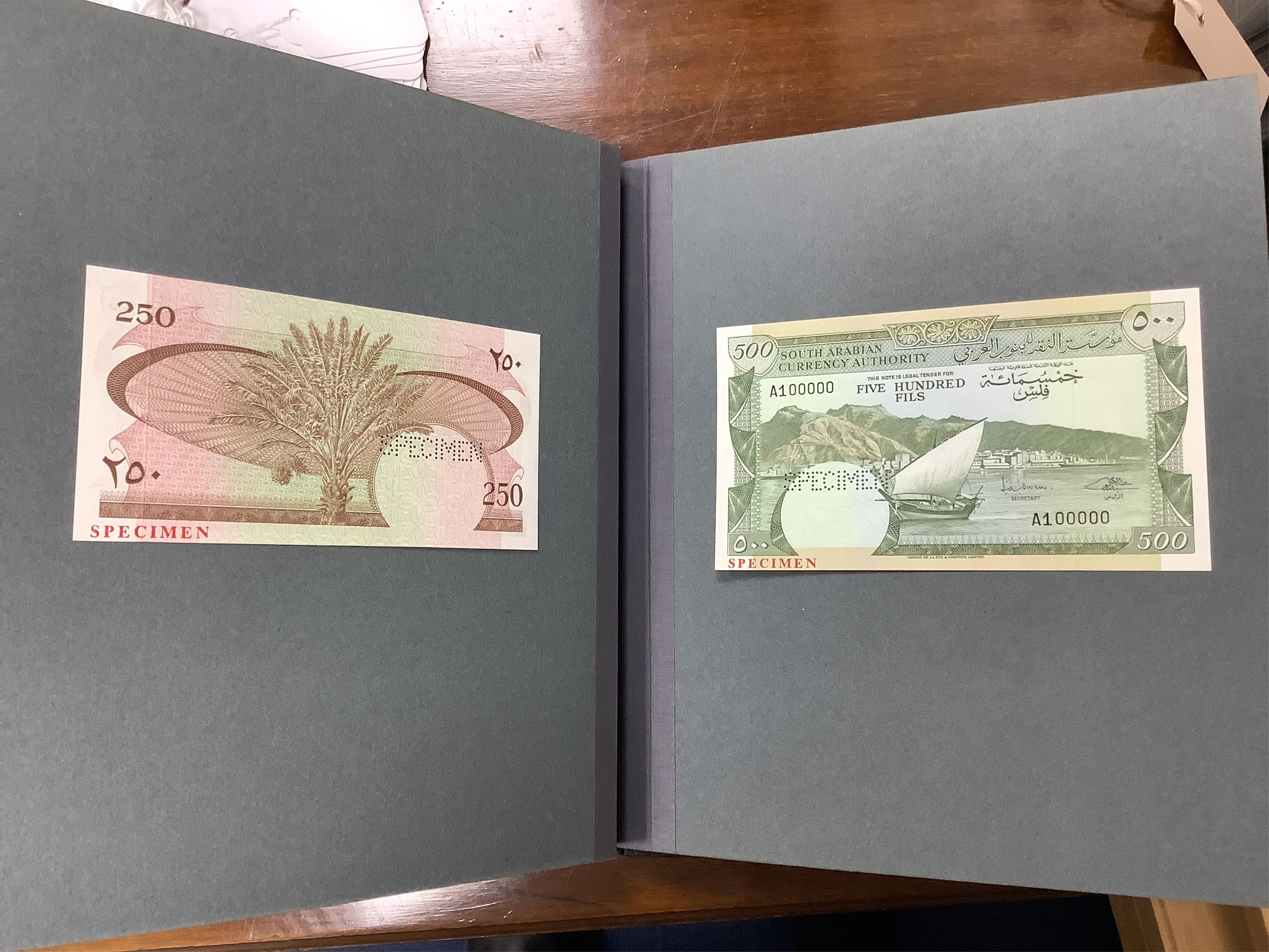South Arabian Currency Authority specimen banknotes, printed by Thomas De La Rue and Company Ltd, each perforated SPECIMEN, comprising 250 fils, 500 fils, one dinar and five dinars, all with serial number A100000, in an